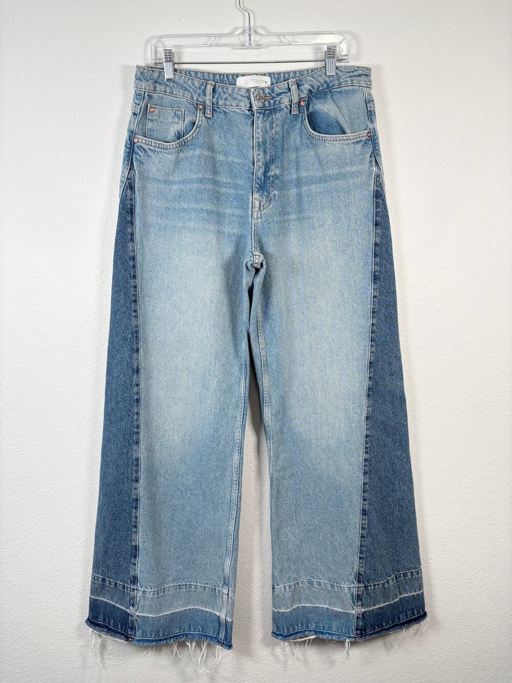 Women's Zara Two Tone Patchwork Released Hem Mid Rise Wide Leg Jeans